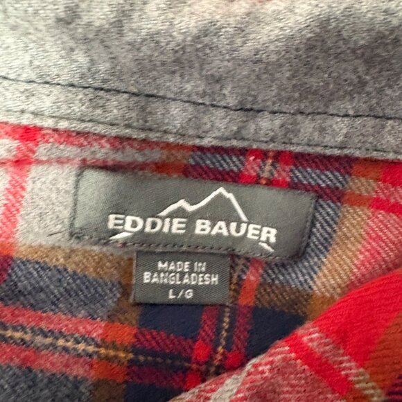 Eddie Bauer Mens Flannel Shirt Size Large Red Gray Blue Plaid Long Sleeve - Picture 3 of 6